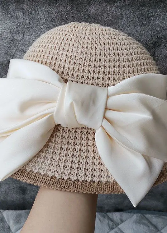 Classy Beige Silk Bow Straw Woven Bucket Hat LC0470