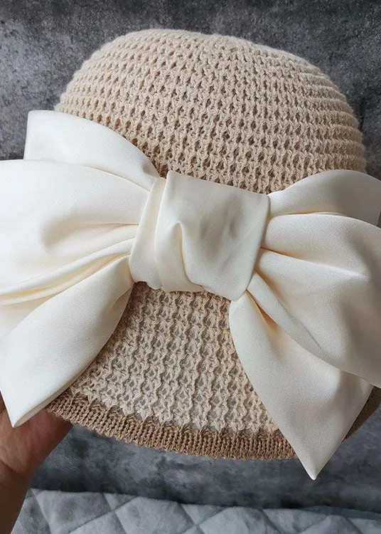 Classy Beige Silk Bow Straw Woven Bucket Hat LC0470