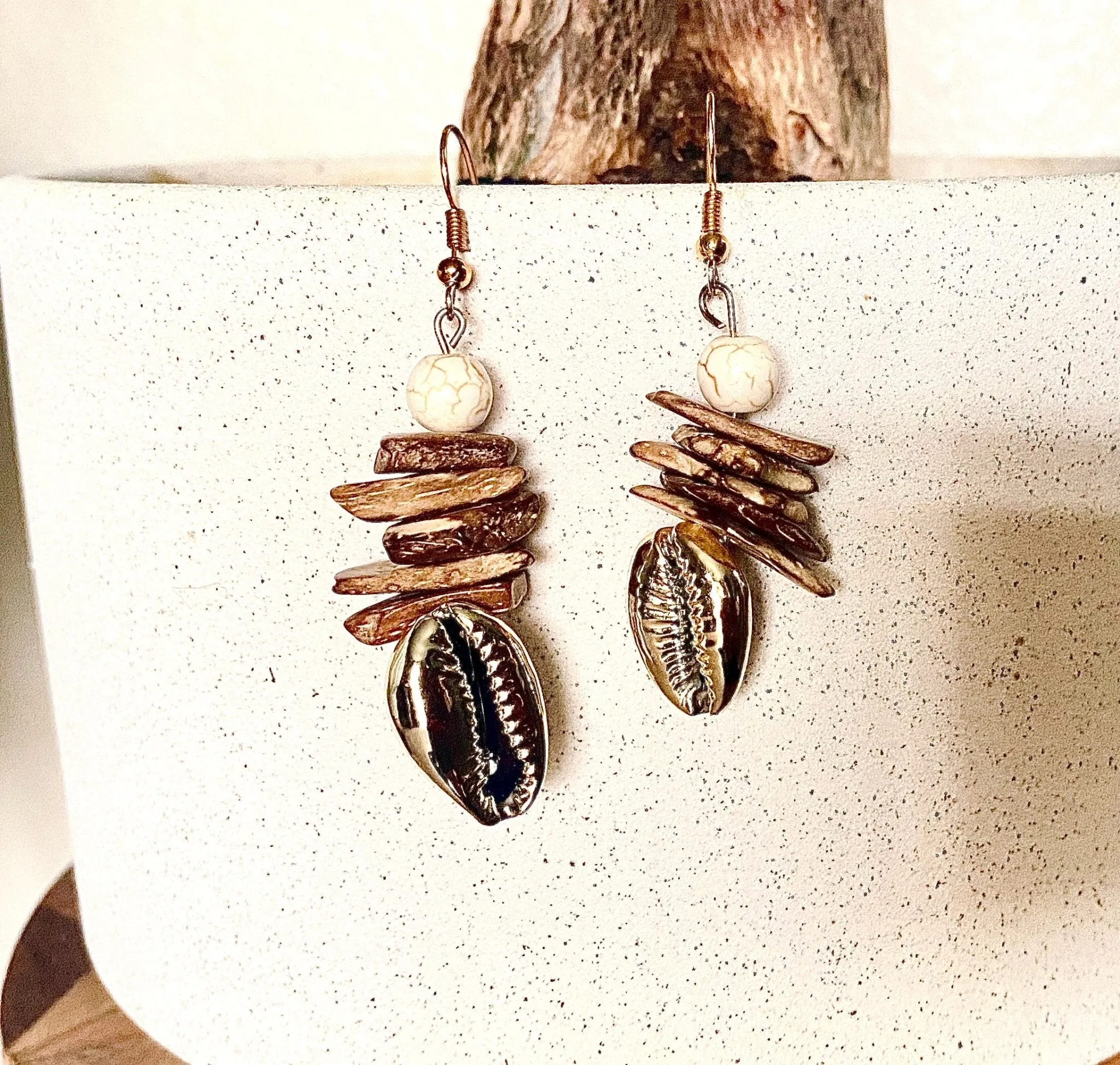 Coconut shell statement drop earrings