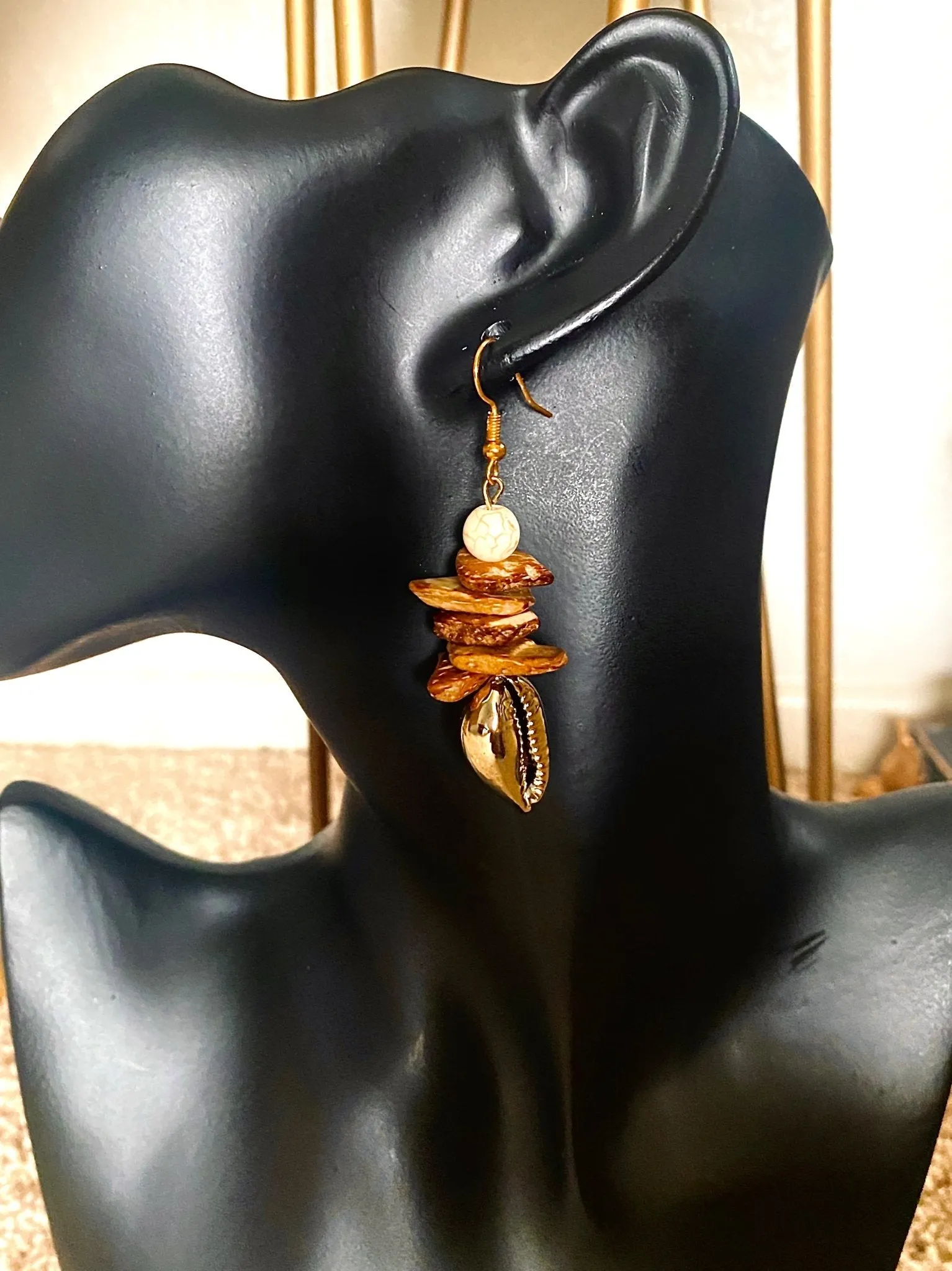 Coconut shell statement drop earrings