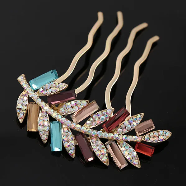 Colorful Rhinestone Leaf Gold Finish French Twist Decorative Comb