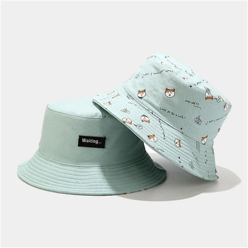 Cotton Double sided cartoon dog print Bucket Hat Fisherman Hat outdoor travel hat Sun Cap hats for Men and Women