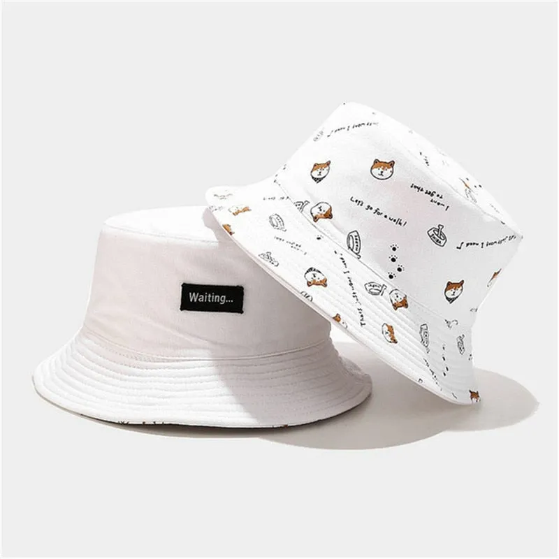 Cotton Double sided cartoon dog print Bucket Hat Fisherman Hat outdoor travel hat Sun Cap hats for Men and Women