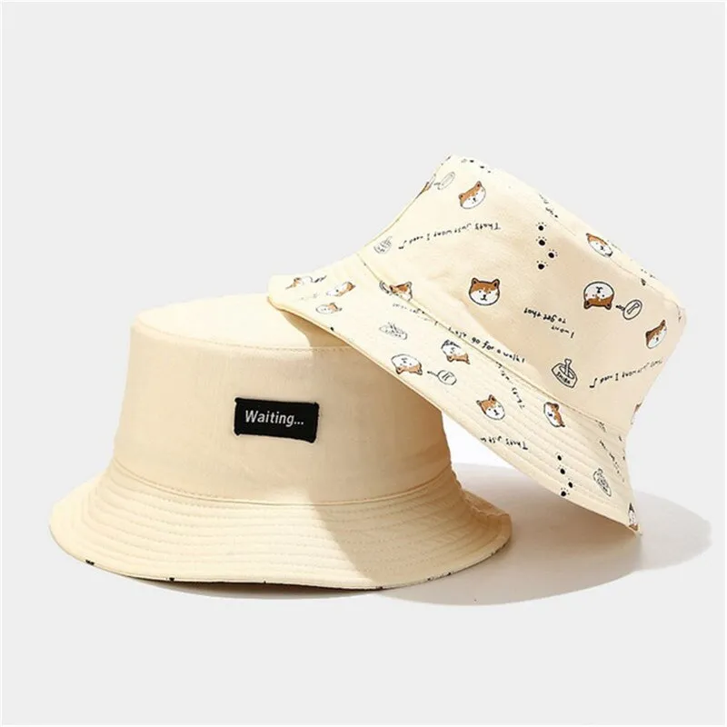 Cotton Double sided cartoon dog print Bucket Hat Fisherman Hat outdoor travel hat Sun Cap hats for Men and Women