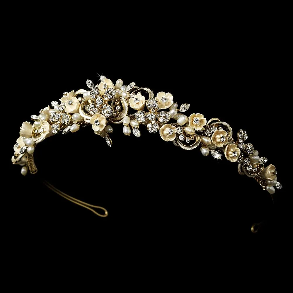 Creamy Floral Crystal Elegance Bridal Pearl Headband