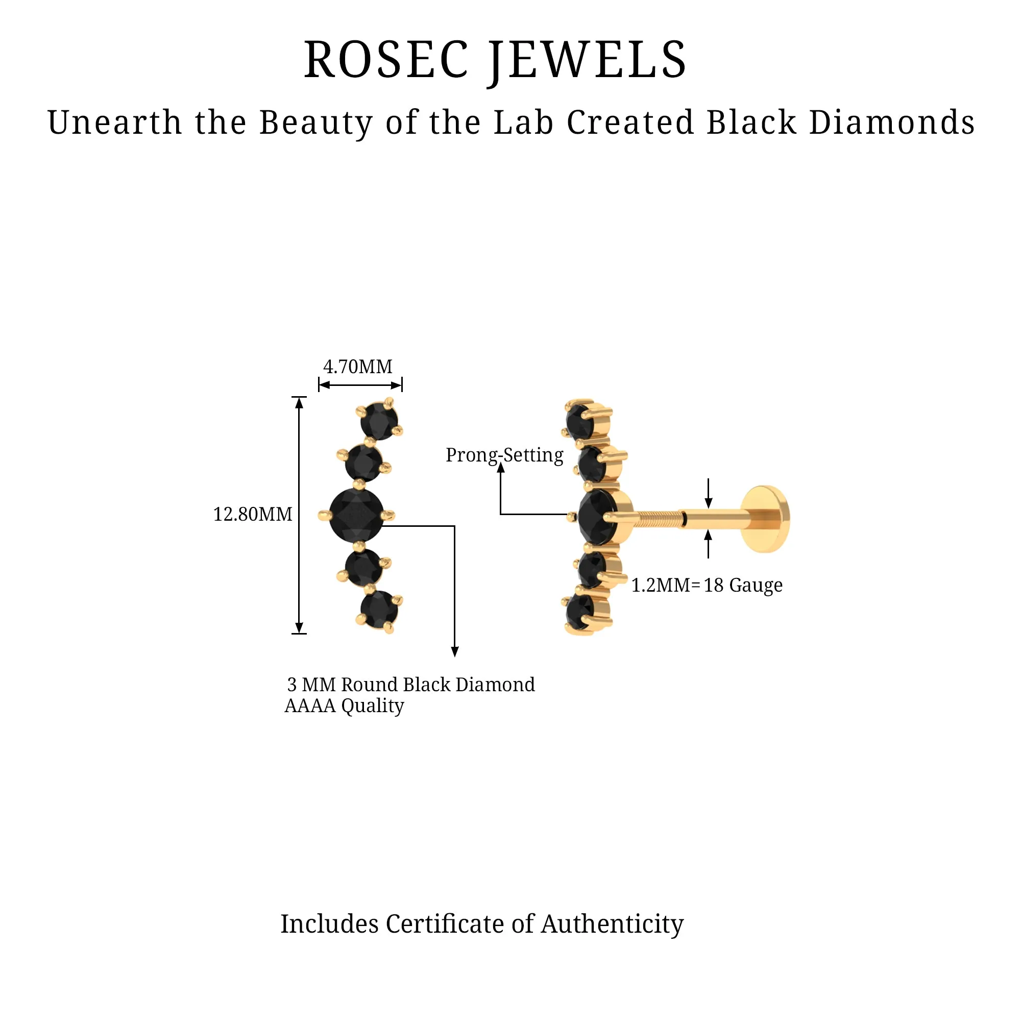 Created Black Diamond 5 Stone Curved Crawler Earring