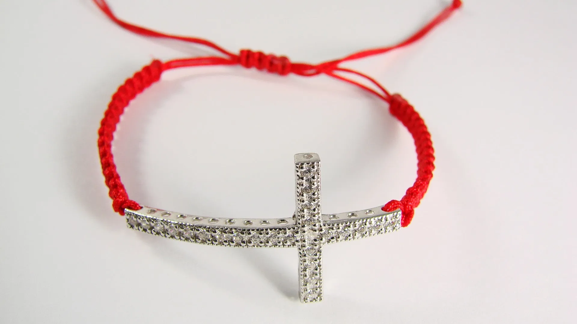 Cross Bracelet 925 Sterling Silver CZ Charm Macrame Cord Christian Gift