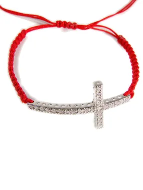 Cross Bracelet 925 Sterling Silver CZ Charm Macrame Cord Christian Gift