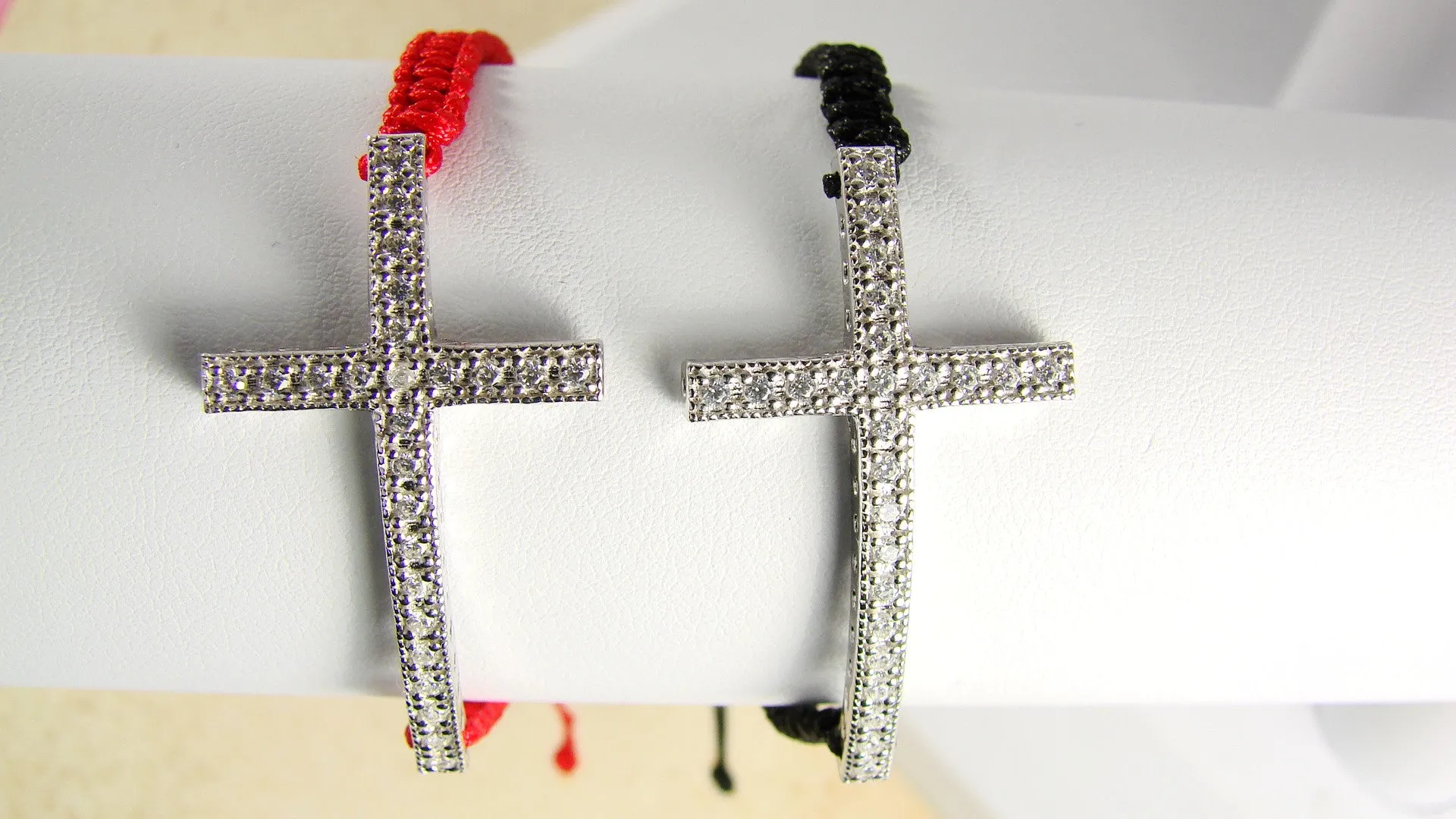 Cross Bracelet 925 Sterling Silver CZ Charm Macrame Cord Christian Gift