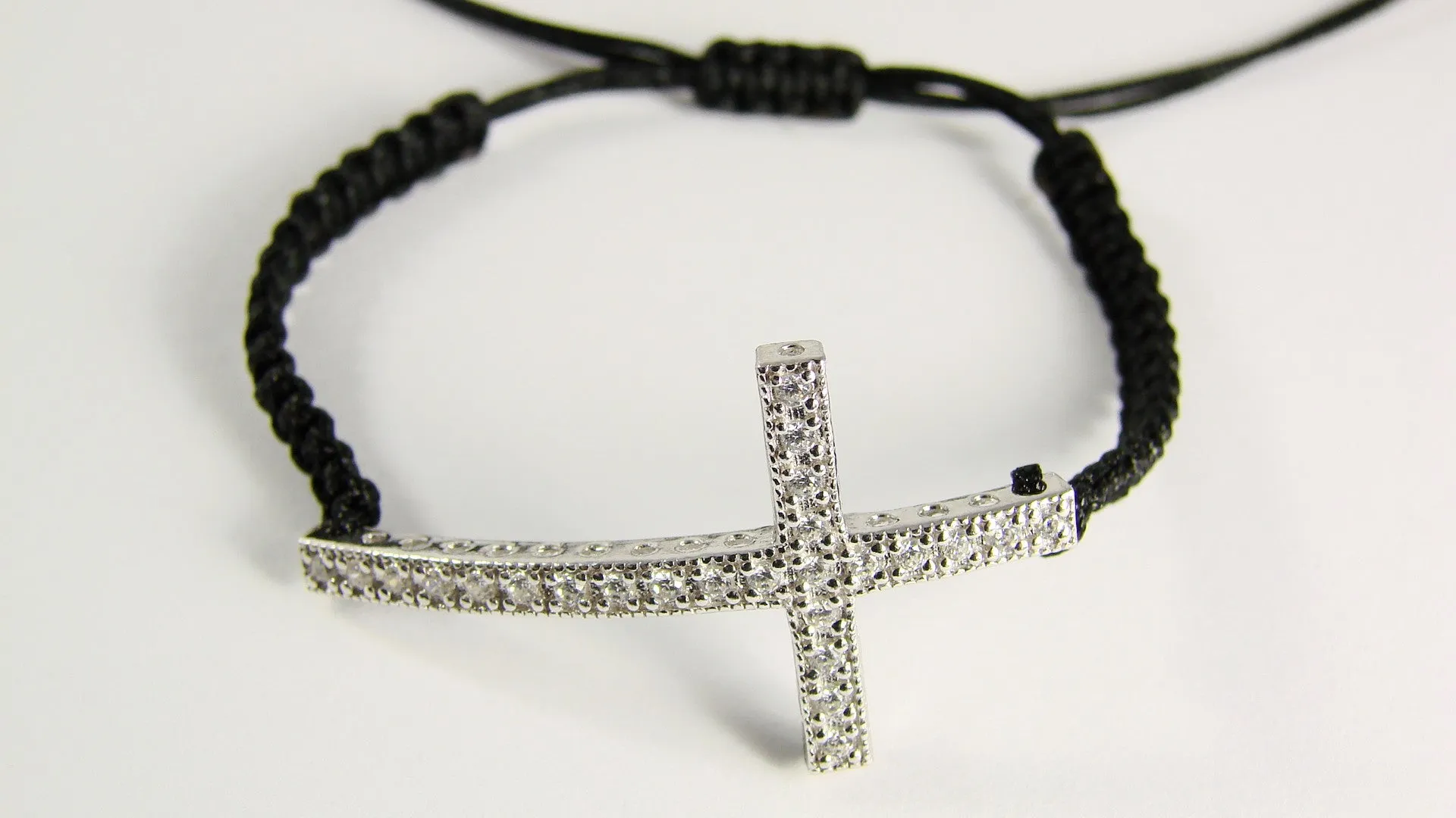 Cross Bracelet 925 Sterling Silver CZ Charm Macrame Cord Christian Gift