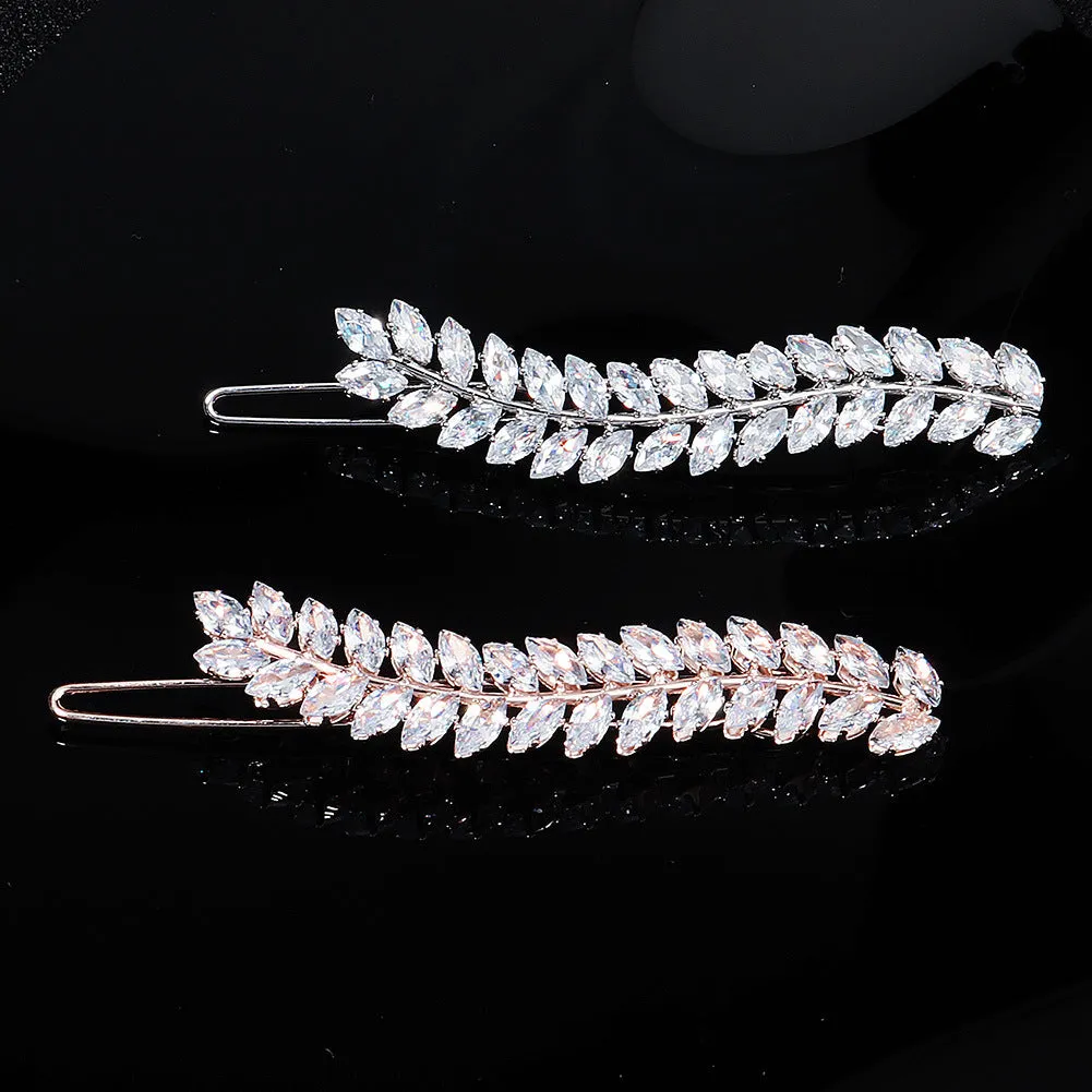 Cubic Zircon Bridal Wedding Leaves Hair Clip Hair Side Comb Accessories X 3 PCS HS-J6381