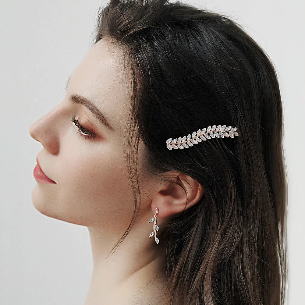 Cubic Zircon Bridal Wedding Leaves Hair Clip Hair Side Comb Accessories X 3 PCS HS-J6381