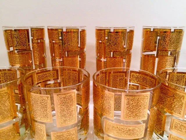 Culver Mid-Century 22-Karat Gold Embossed Rectangular Bar Set (Set of 8 Glasses)