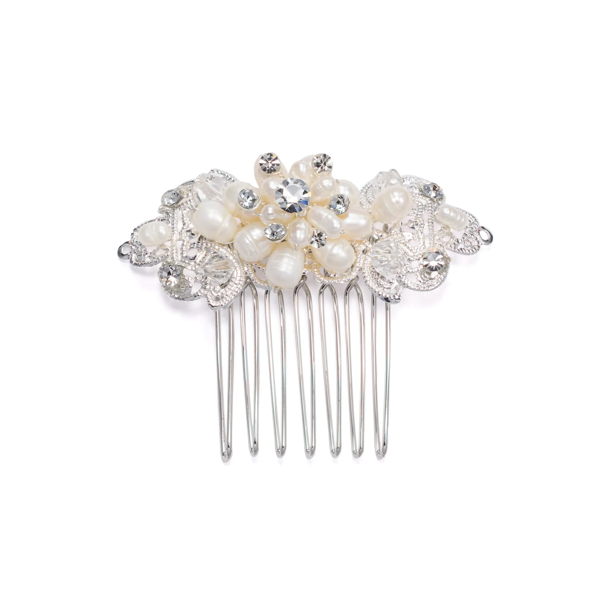 Dainty Silver and Pearl Hair Comb with Crystals