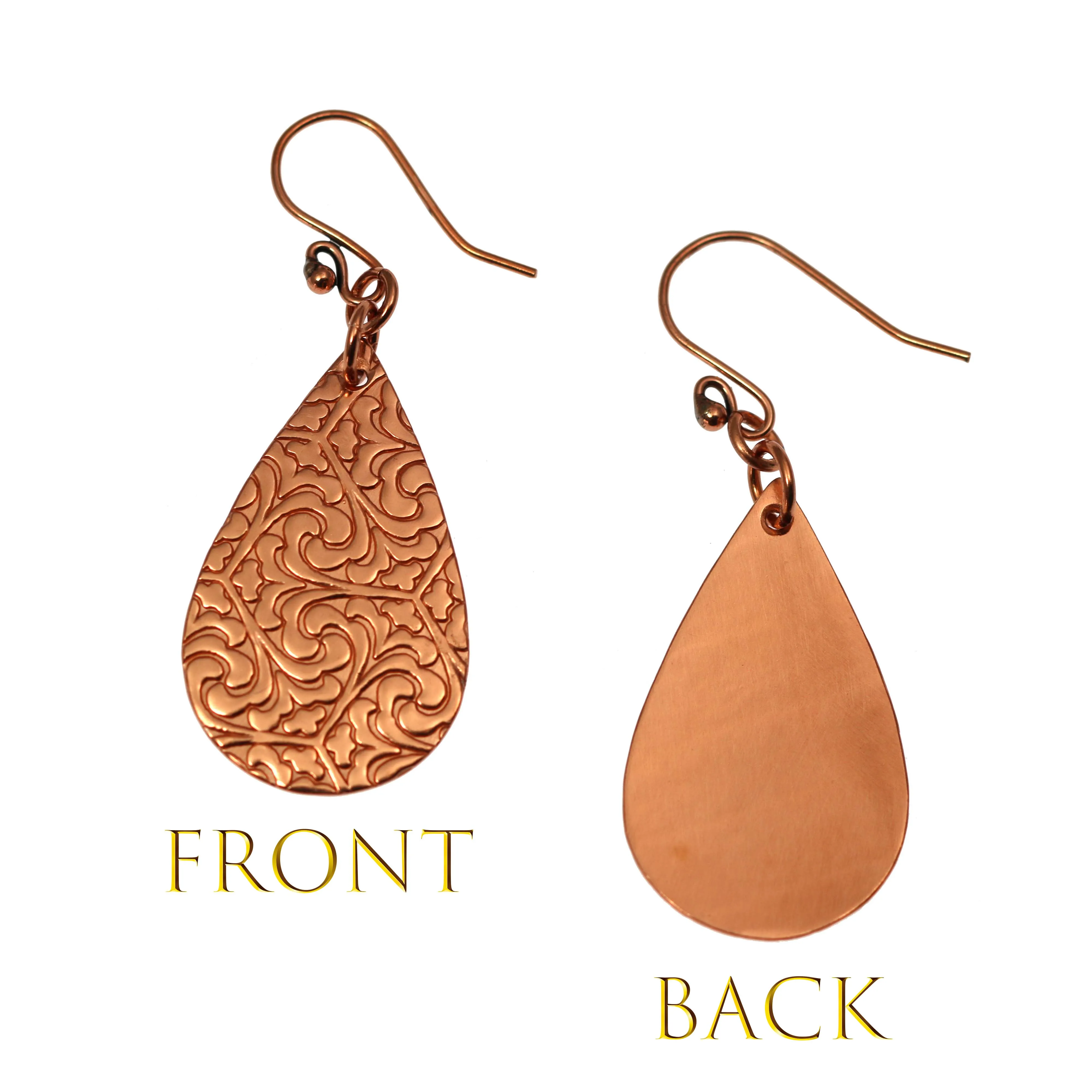 Damask Embossed Small Copper Teardrop Earrings