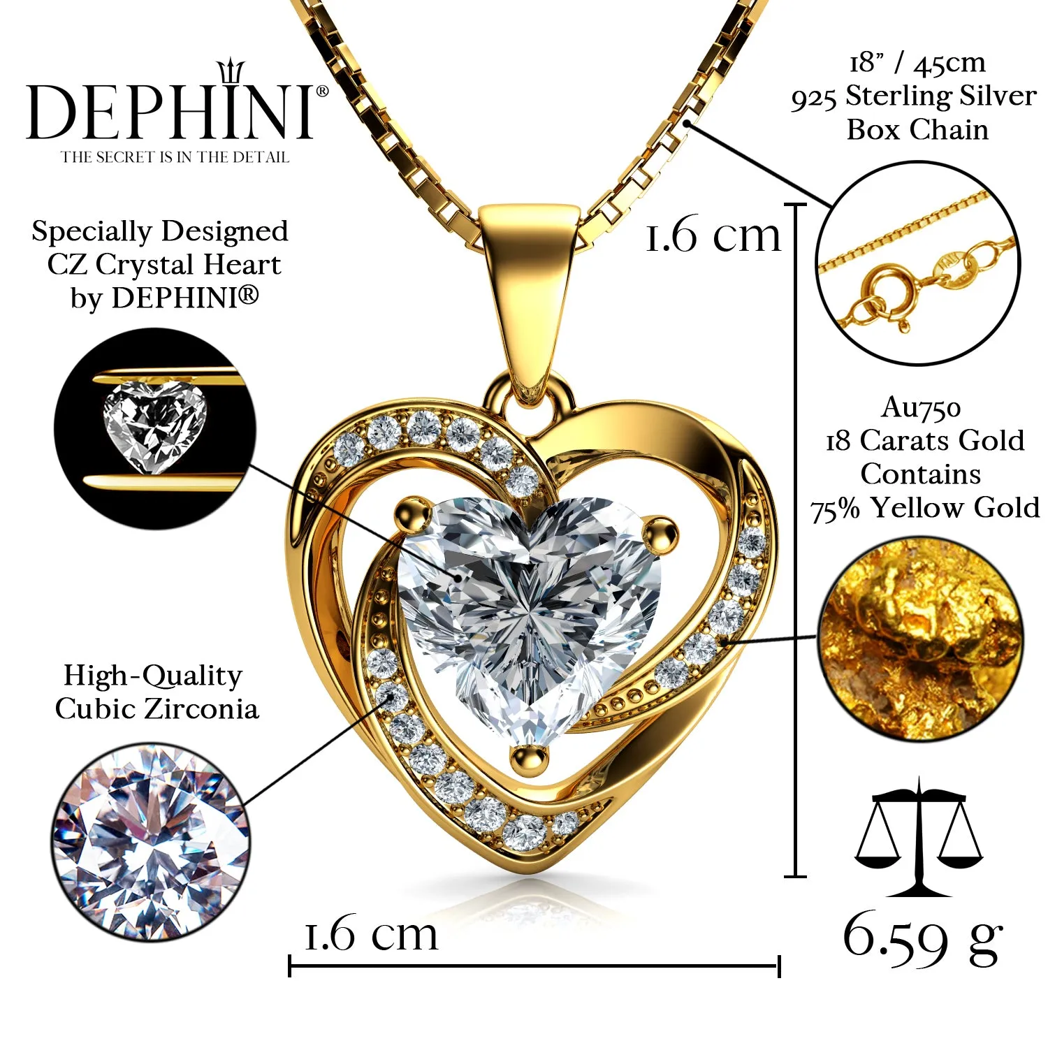 DEPHINI 18k Gold Necklace Yellow Gold Heart Pendant CZ Crystals