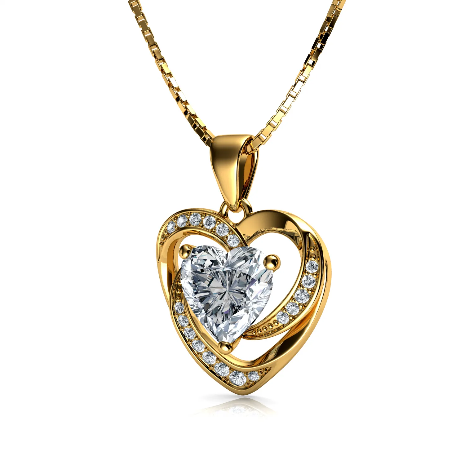 DEPHINI 18k Gold Necklace Yellow Gold Heart Pendant CZ Crystals