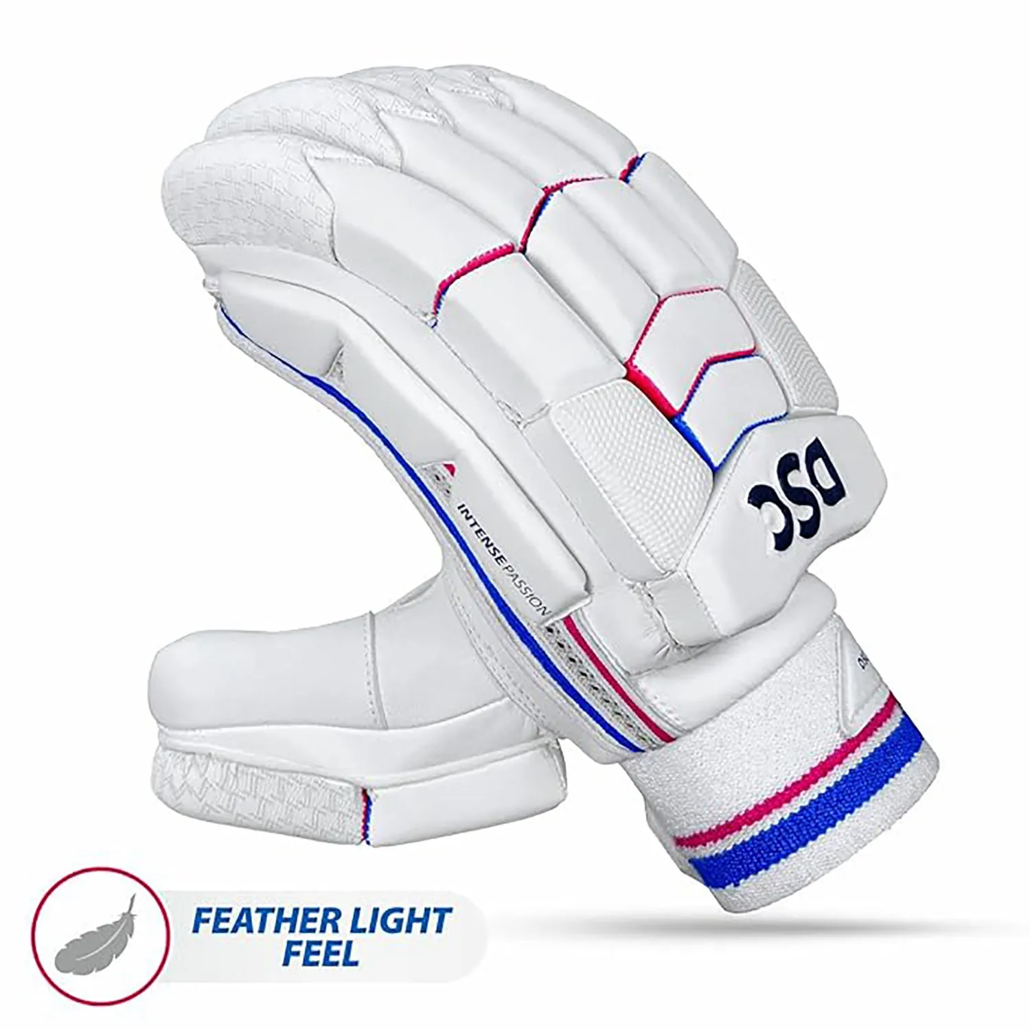 DSC Intense Passion Men's Leather Cricket Batting Gloves (Right Hand) – White/Red/Blue