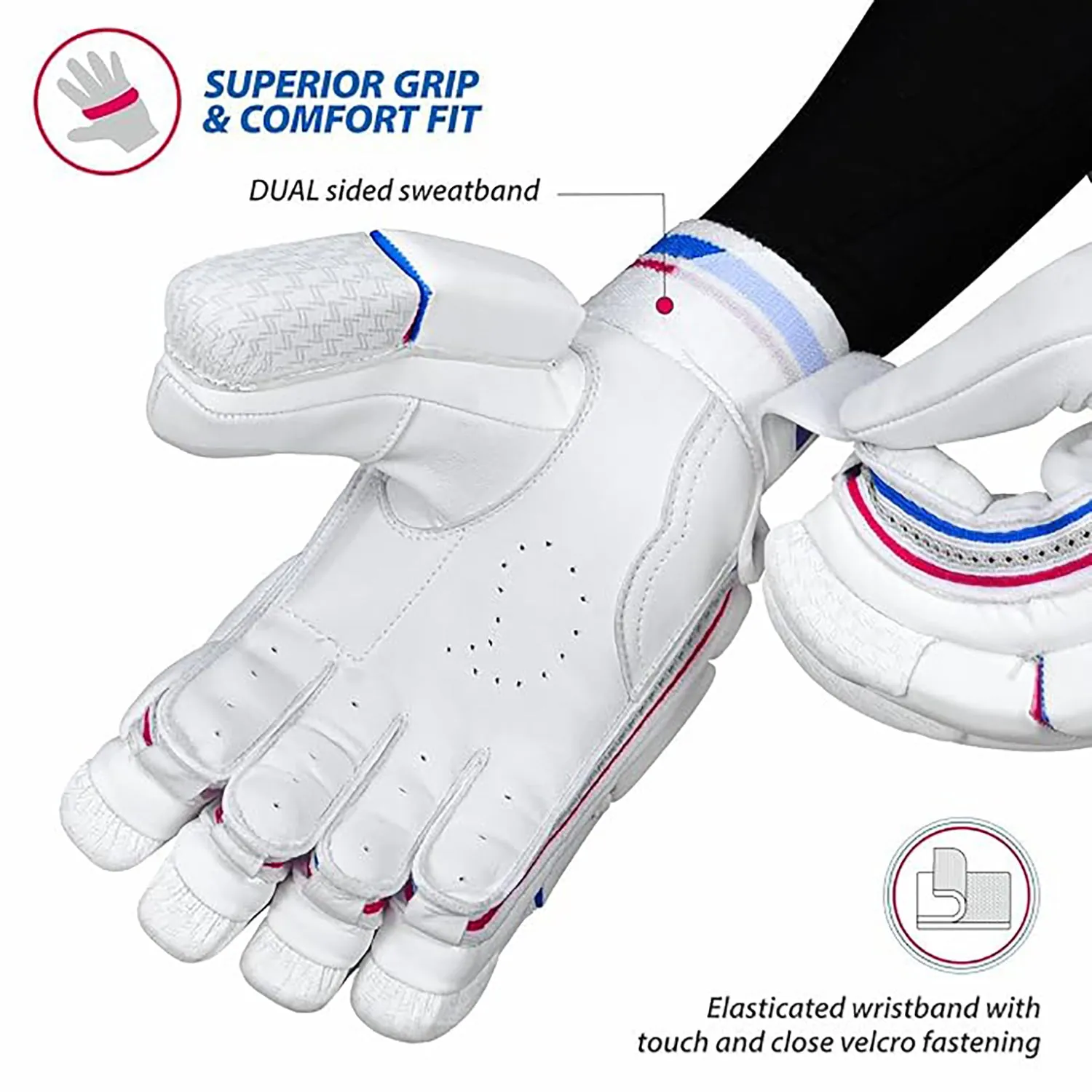 DSC Intense Passion Men's Leather Cricket Batting Gloves (Right Hand) – White/Red/Blue