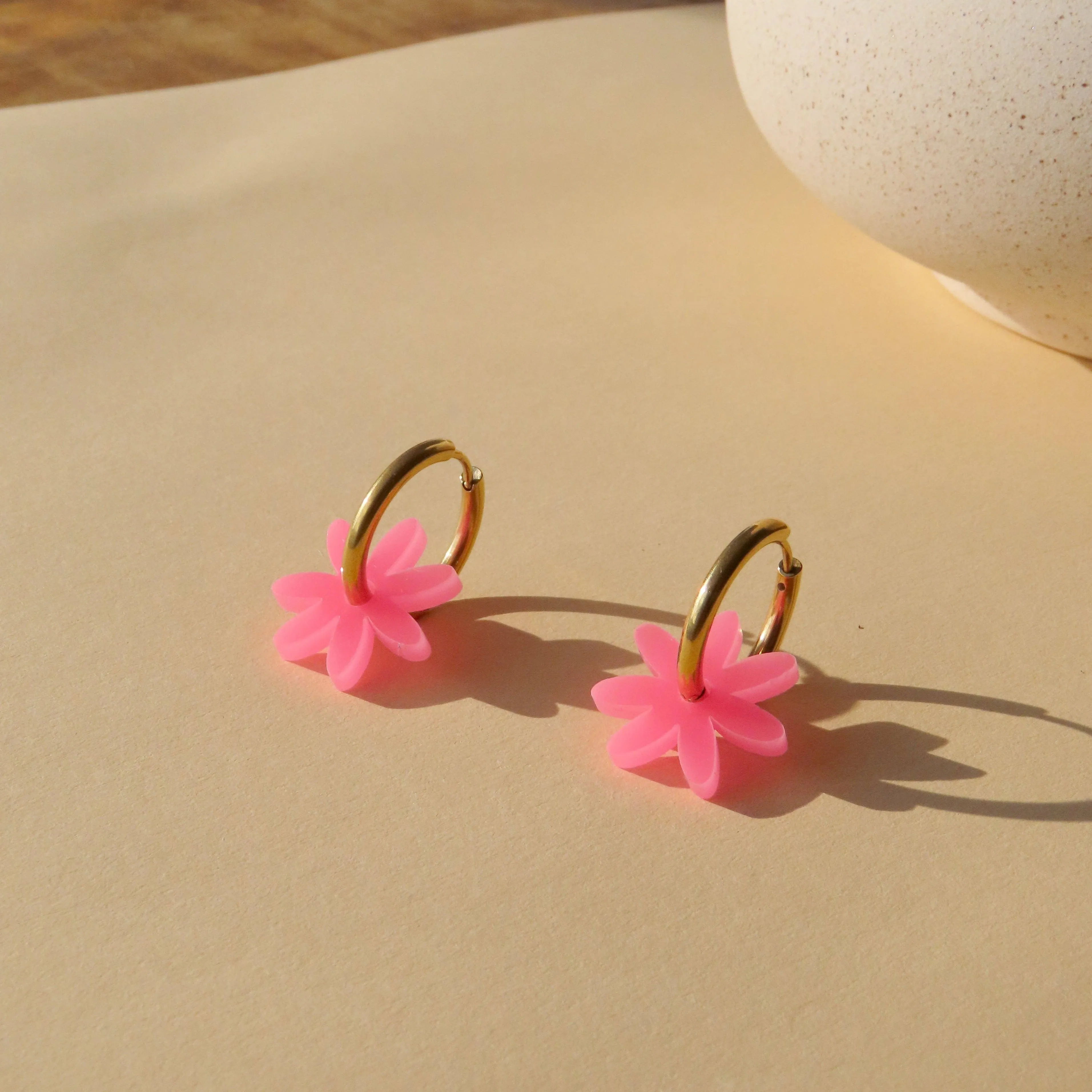 Earrings - Neon Pink Margerite Dots Hoops