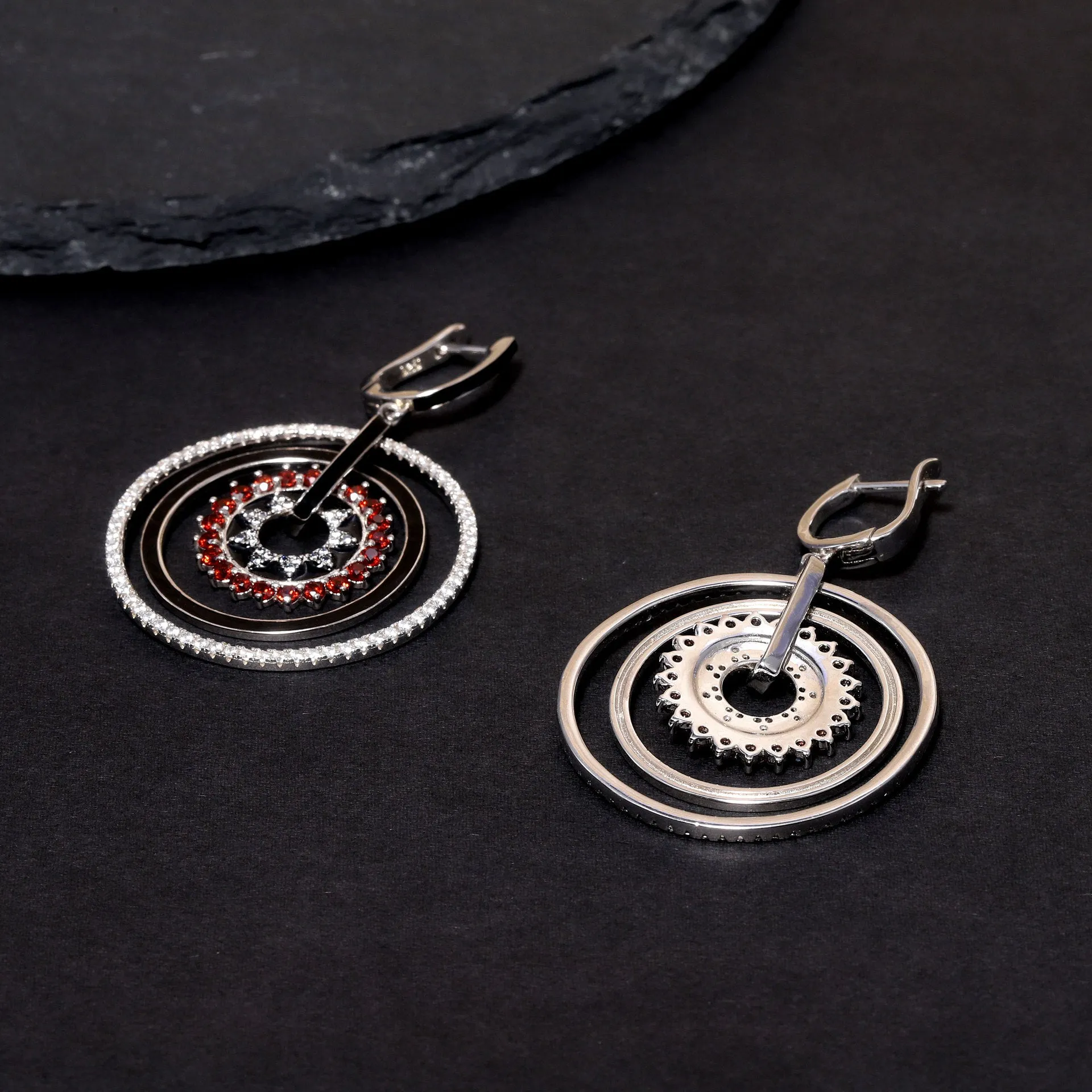 Enamel Multilayer Circle with Gemstones Silver Drop Earrings