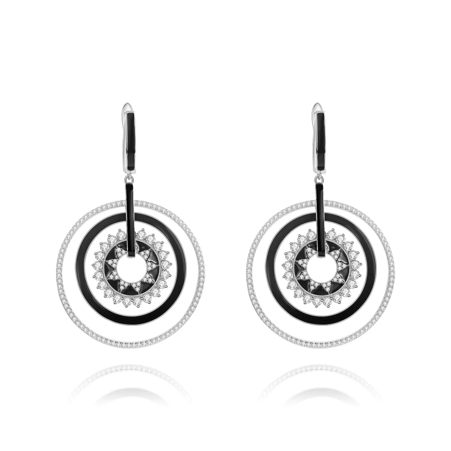 Enamel Multilayer Circle with Gemstones Silver Drop Earrings