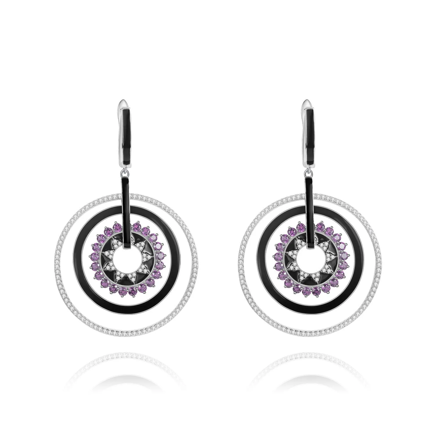 Enamel Multilayer Circle with Gemstones Silver Drop Earrings