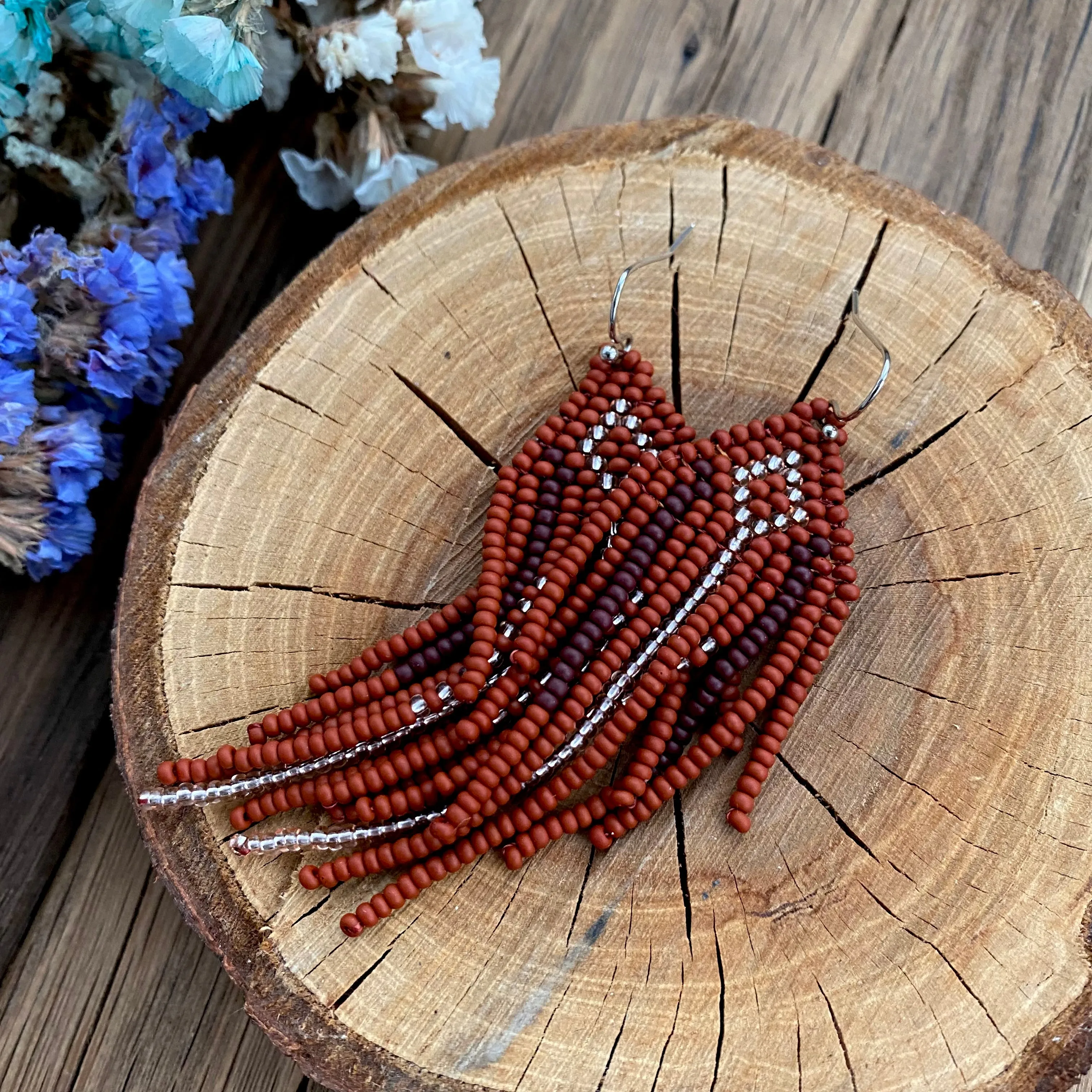 Ethnic Geometric Long Dangle Gold Brown Seed Bead fringe Earrings for Women in hippie Boho style