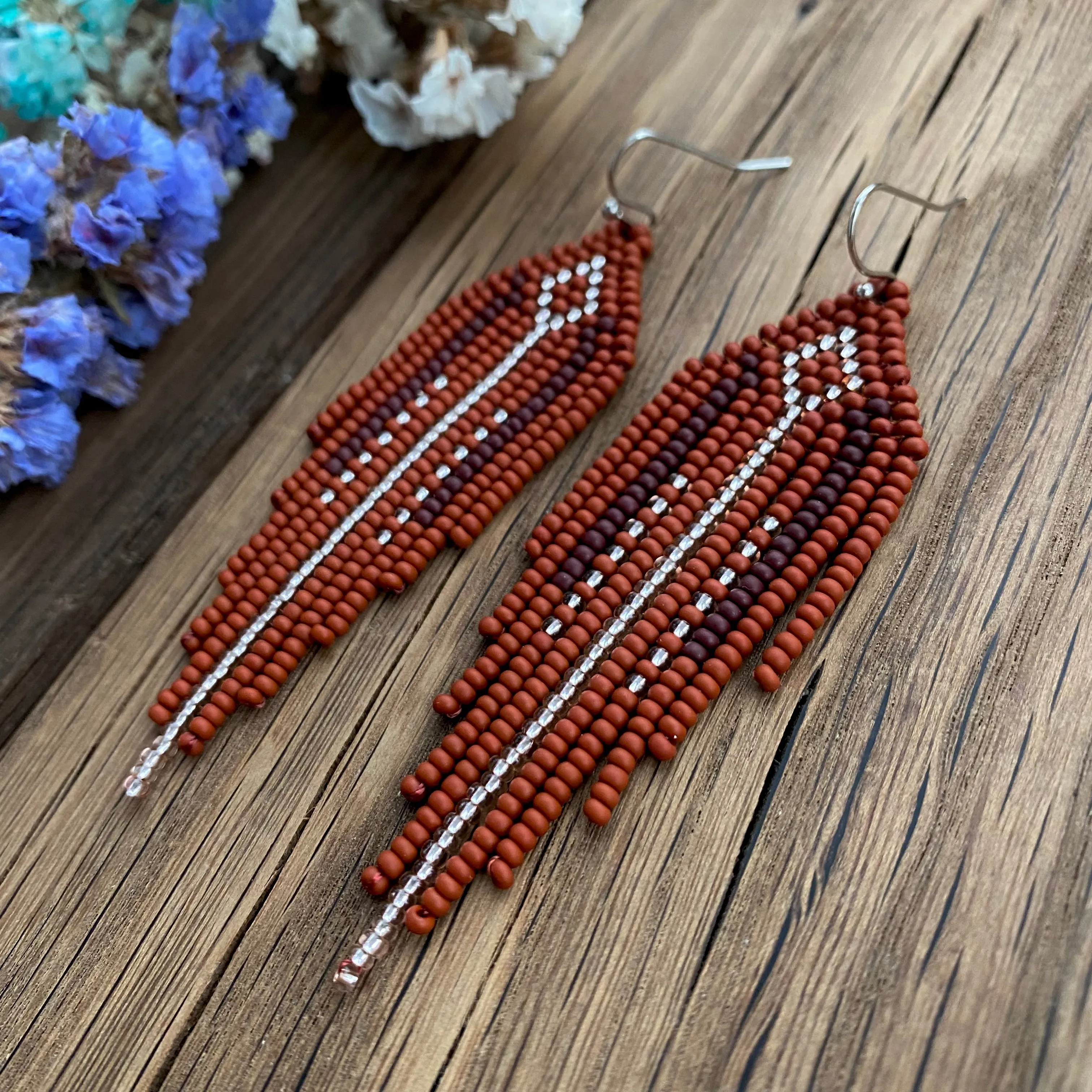 Ethnic Geometric Long Dangle Gold Brown Seed Bead fringe Earrings for Women in hippie Boho style