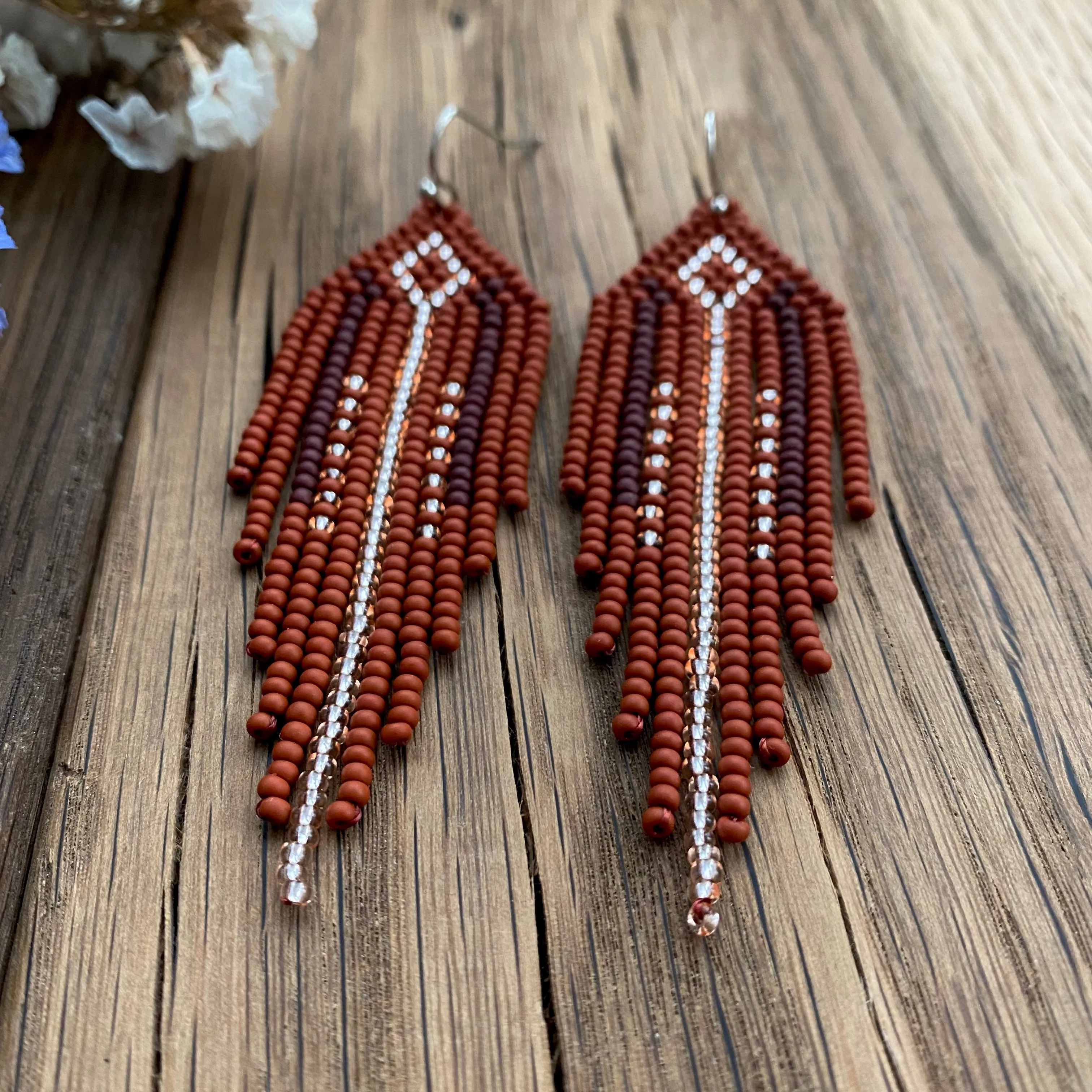 Ethnic Geometric Long Dangle Gold Brown Seed Bead fringe Earrings for Women in hippie Boho style