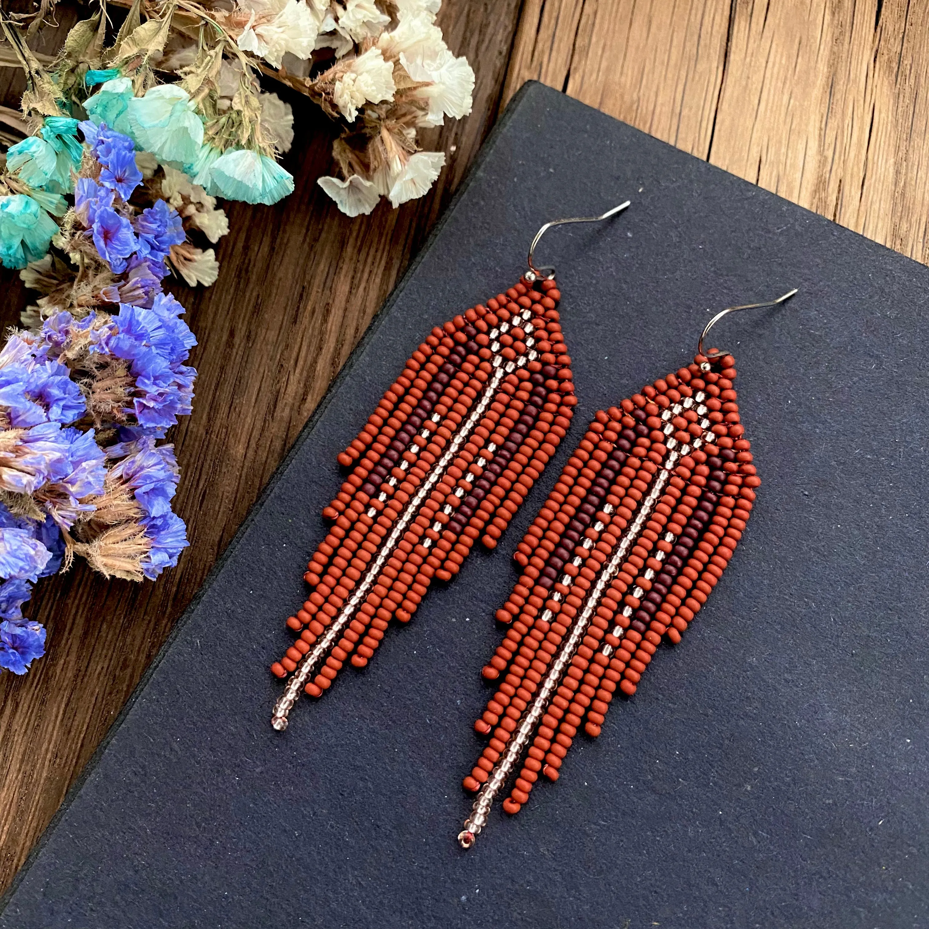 Ethnic Geometric Long Dangle Gold Brown Seed Bead fringe Earrings for Women in hippie Boho style