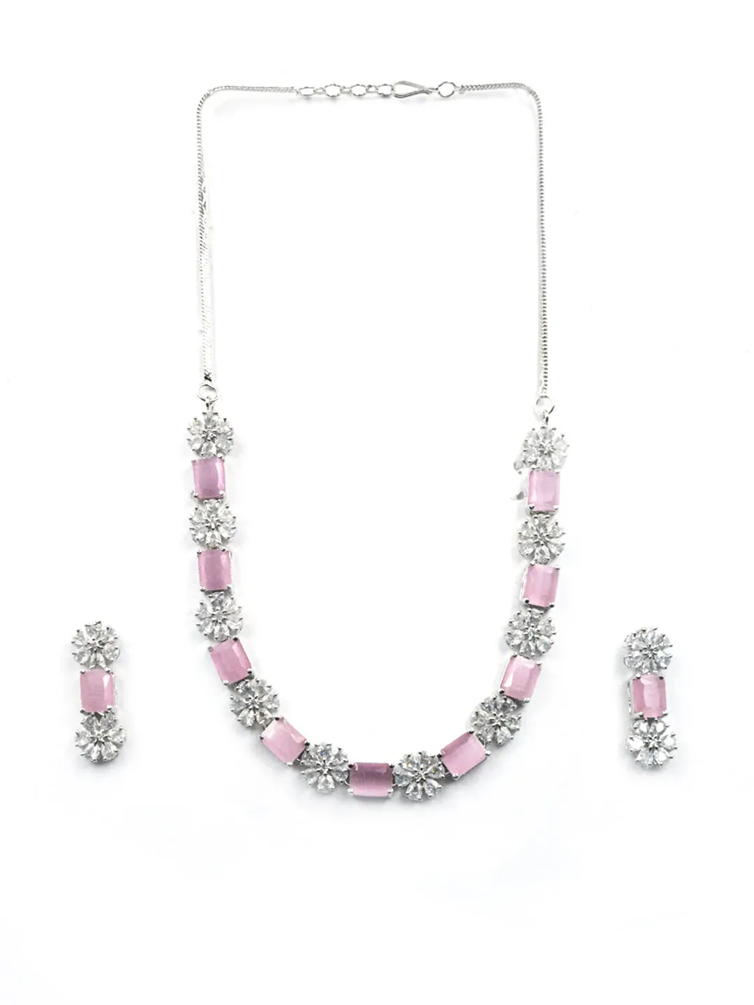 Exquisite Pink Flower Motif CZ Sleek Necklace Set