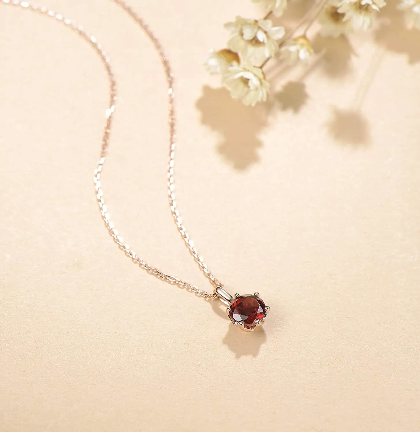 FANCIME Dark Red Garnet 14K Solid Rose Gold Necklace