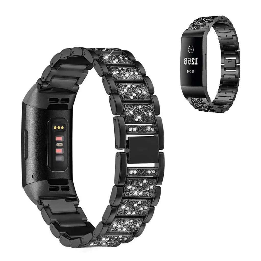 Fitbit Charge 4 / 3 rhinestone stainless steel watch strap - Black