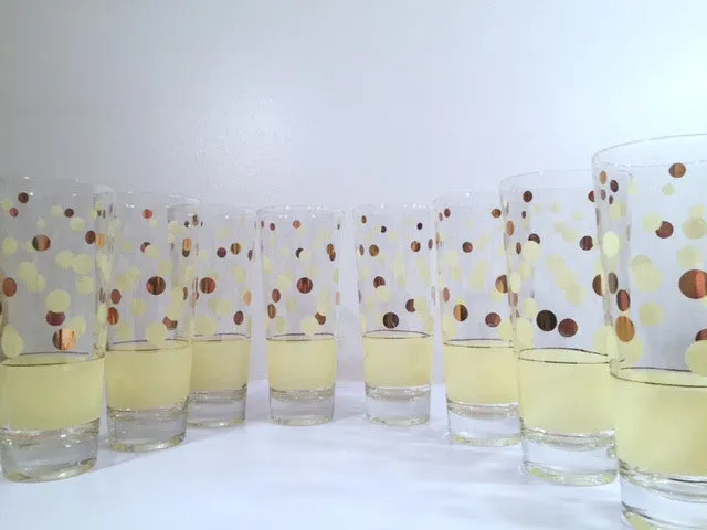 Fred Press Signed Mid-Century Yellow and 22-Karat Gold Polka Dot Tall Collins Glasses (Set of 7)