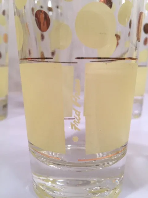 Fred Press Signed Mid-Century Yellow and 22-Karat Gold Polka Dot Tall Collins Glasses (Set of 7)