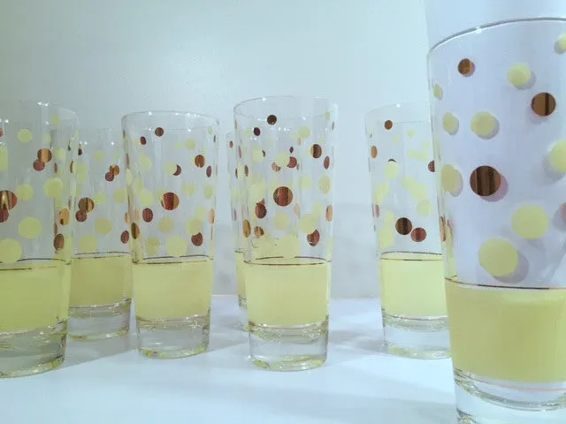 Fred Press Signed Mid-Century Yellow and 22-Karat Gold Polka Dot Tall Collins Glasses (Set of 7)