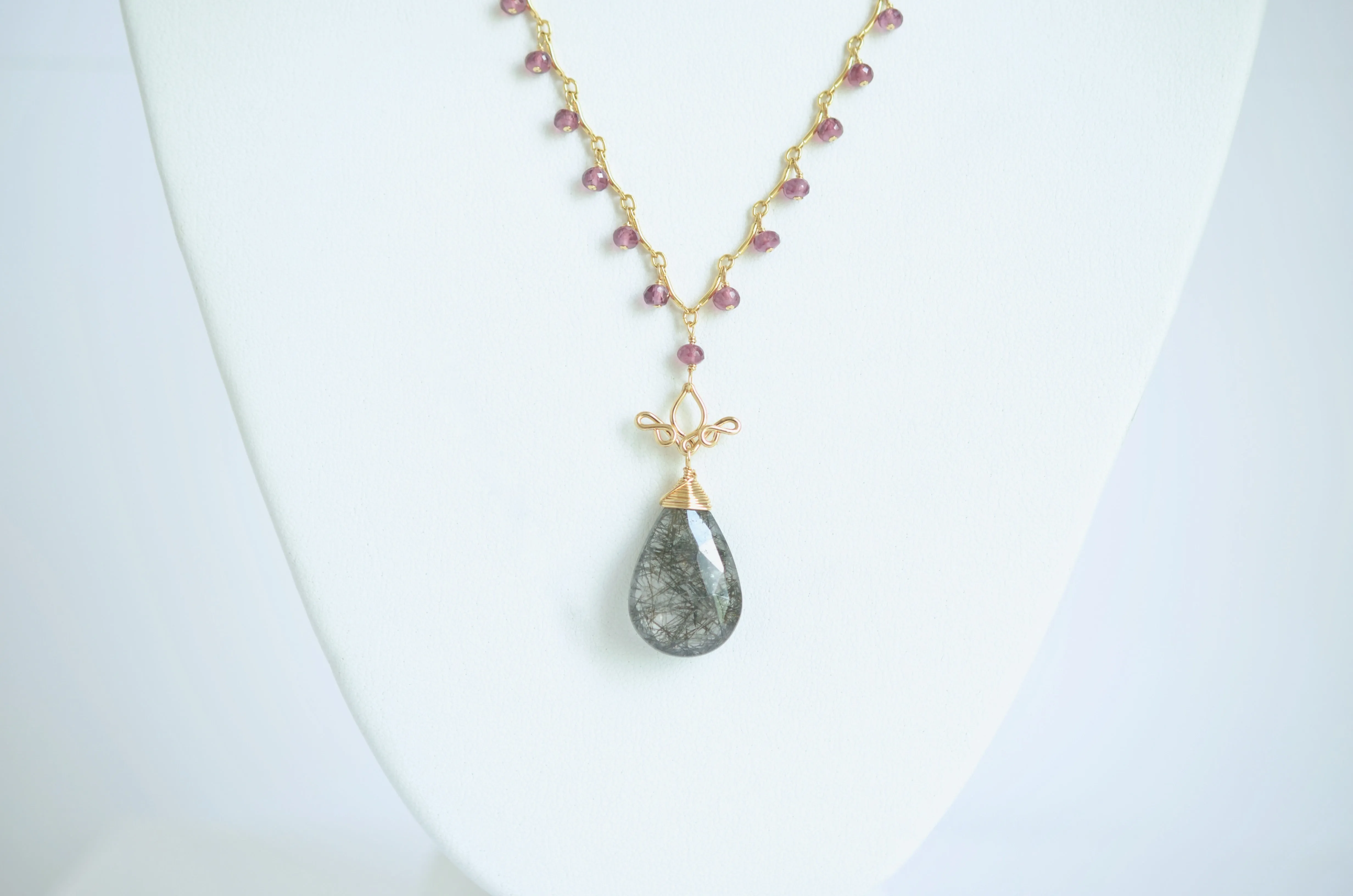 Gabriela - Tourmalinated Quartz, Garnet 14k Gold Filled Necklace