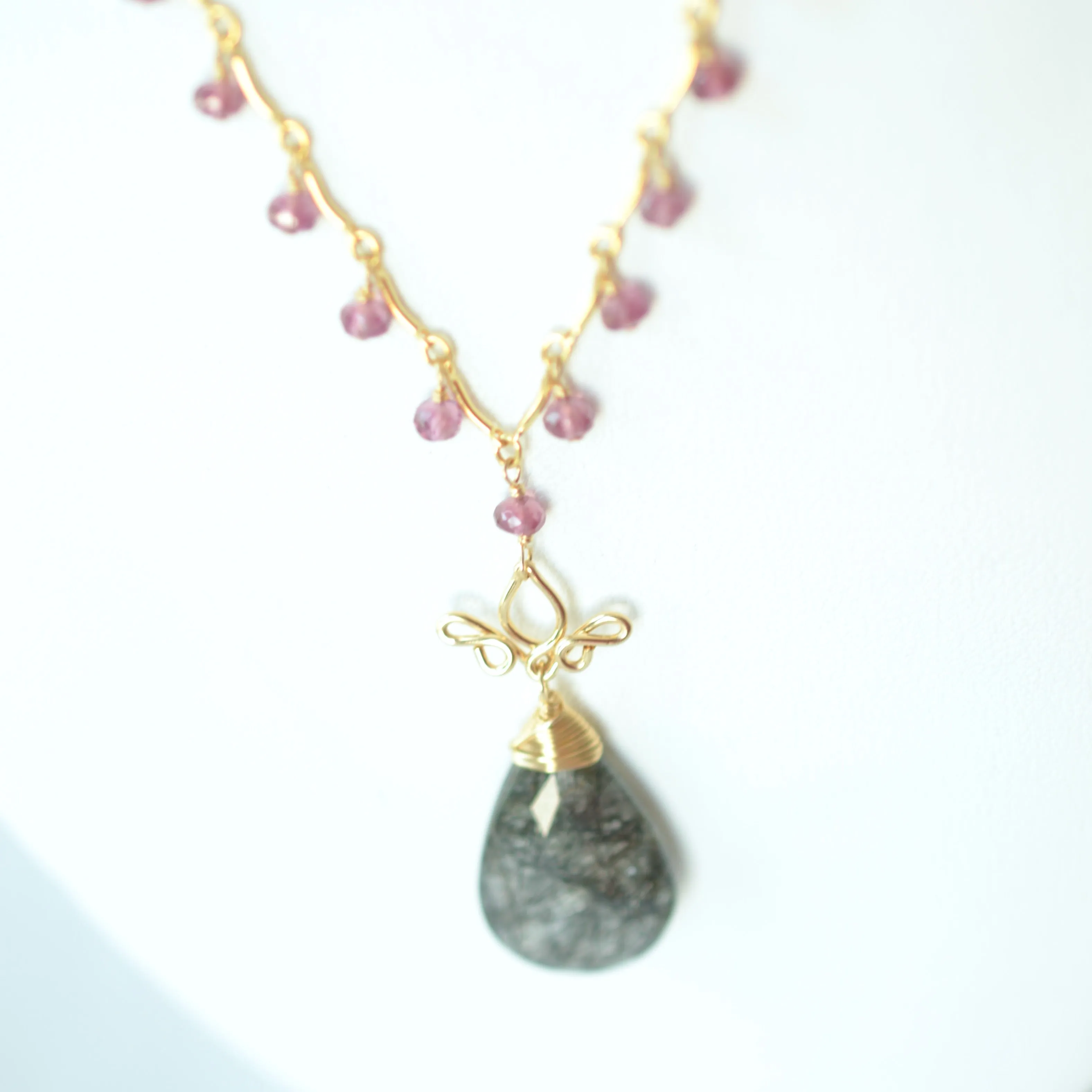 Gabriela - Tourmalinated Quartz, Garnet 14k Gold Filled Necklace