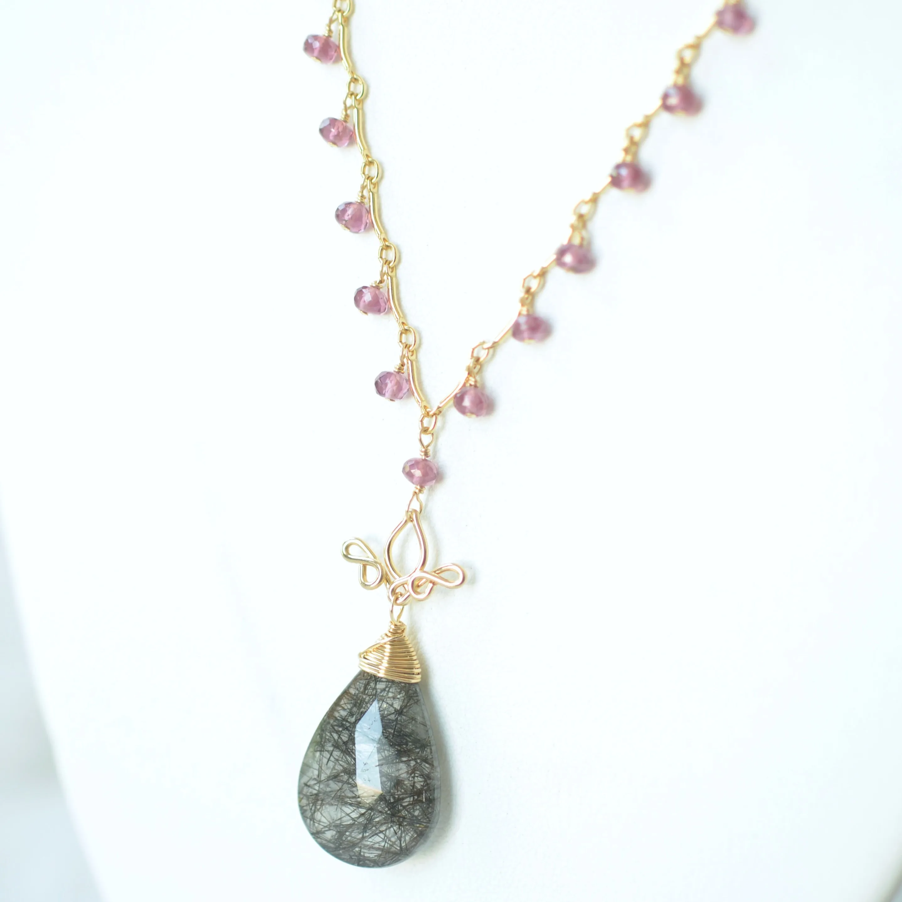 Gabriela - Tourmalinated Quartz, Garnet 14k Gold Filled Necklace