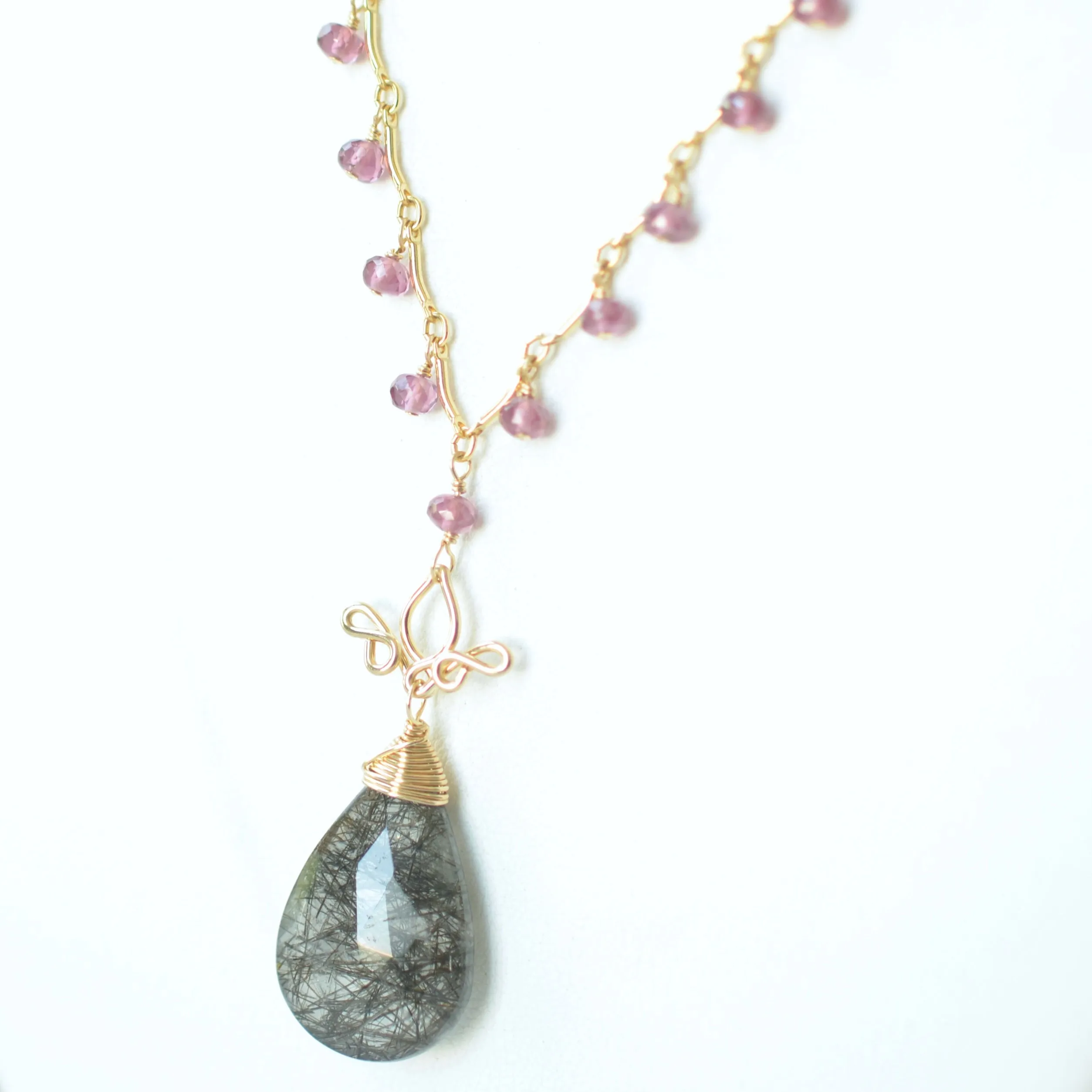 Gabriela - Tourmalinated Quartz, Garnet 14k Gold Filled Necklace