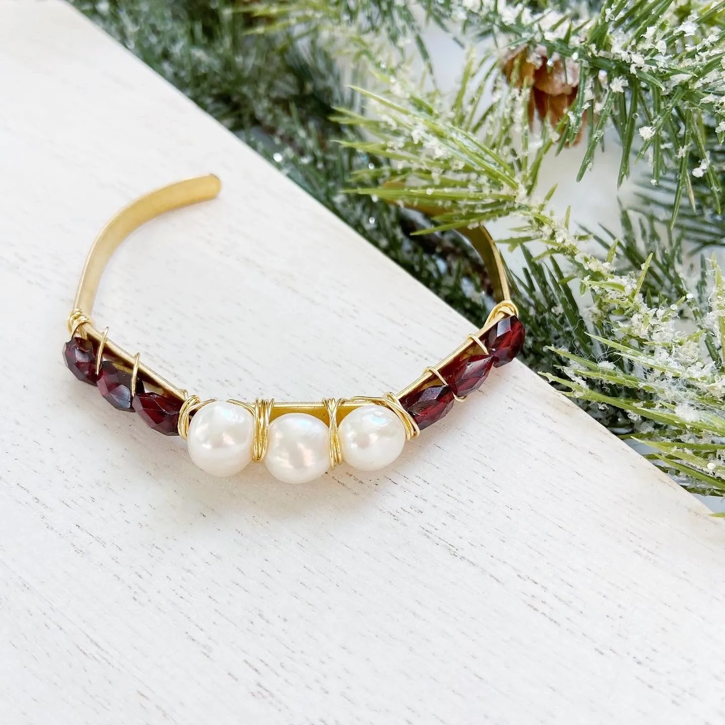 Garnet and Pearl Brass Cuff