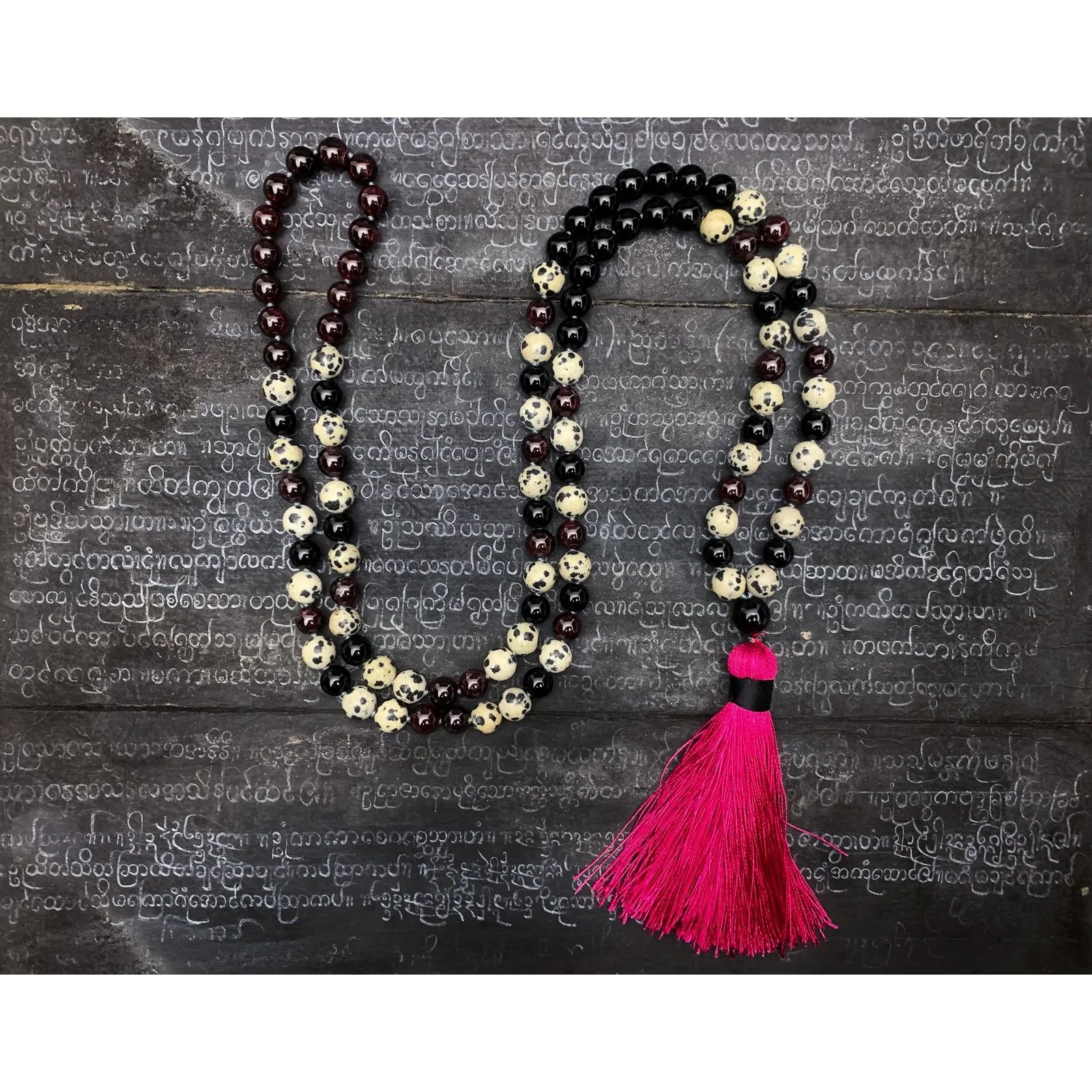 Garnet, Onyx & Dalmatian Jasper Knotted 8mm Mala with Silk Tassel #13