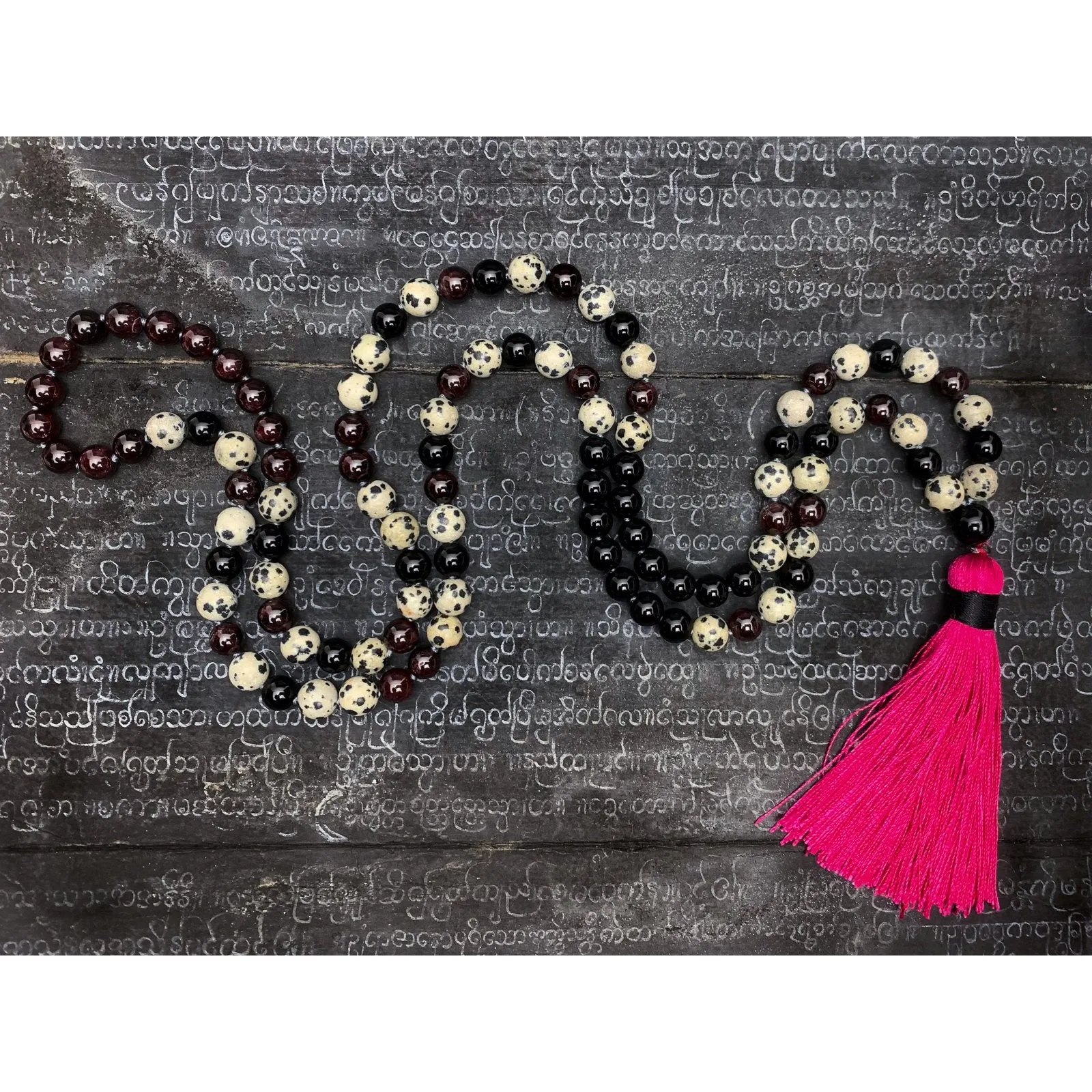 Garnet, Onyx & Dalmatian Jasper Knotted 8mm Mala with Silk Tassel #13