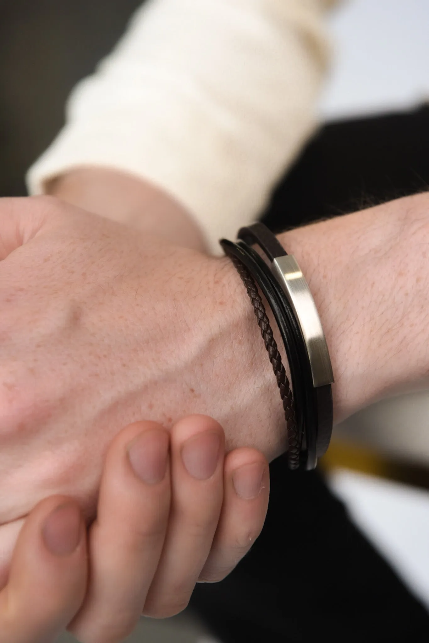 Gents Brown And Black Leather Multi Strand ID Bracelet