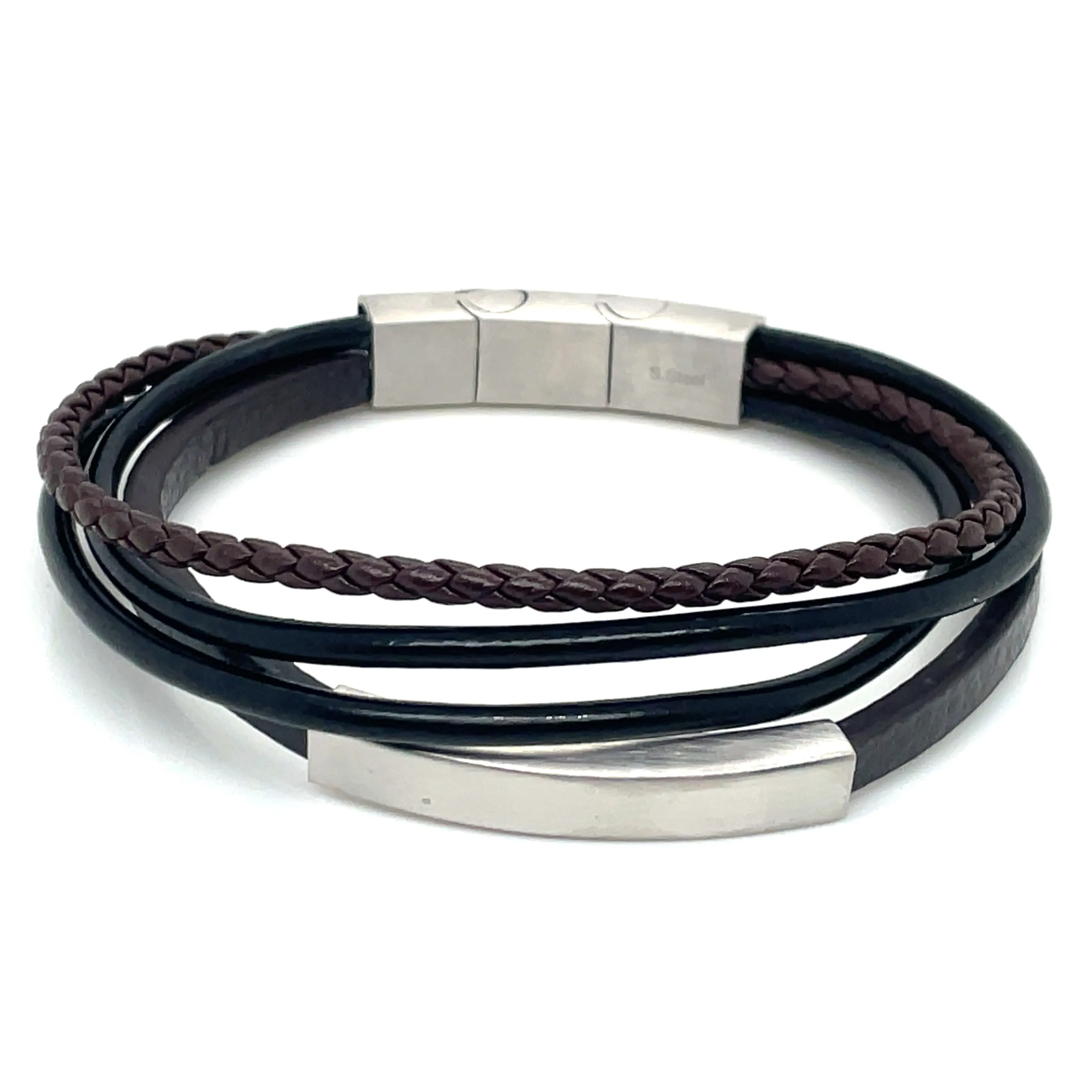 Gents Brown And Black Leather Multi Strand ID Bracelet