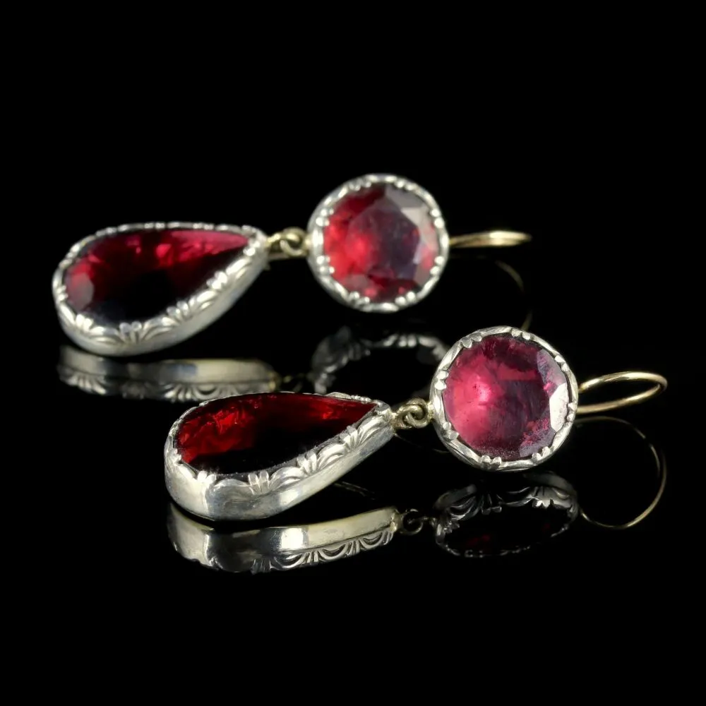 Georgian Garnet Drop Earrings 18Ct Gold Flat Cut Garnet