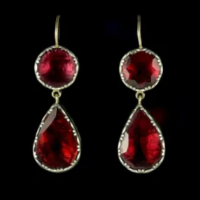 Georgian Garnet Drop Earrings 18Ct Gold Flat Cut Garnet