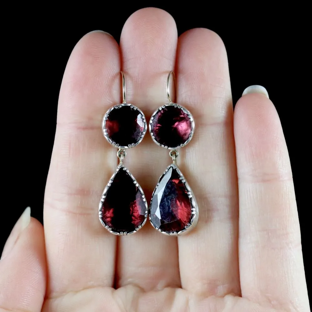 Georgian Garnet Drop Earrings 18Ct Gold Flat Cut Garnet