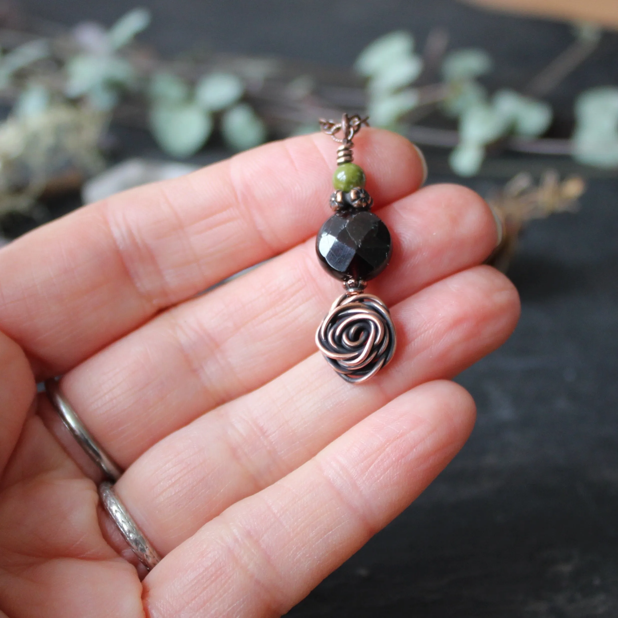 Glasgow Rose Cantrip Pendant Necklace with Garnet in Copper